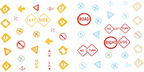 Road sign pattern with directional warnings and regulations vector illustration © Mira