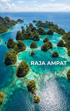 Aerial View of Mushroom Karst Islands and Turquoise Lagoons in Raja Ampat, Indonesia
