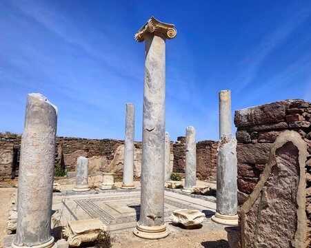 Photo of the House of the Dolphins, one of the most celebrated private residences in the ancient city of Delos island, Greece.