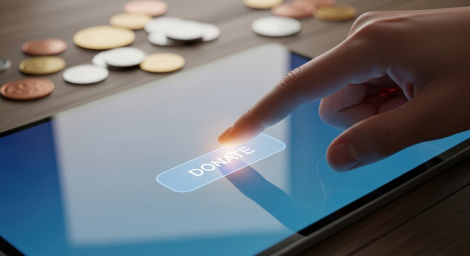 A finger hovers over a glowing donate button on a digital tablet, with scattered coins in the background, symbolizing online fundraising and charitable giving.