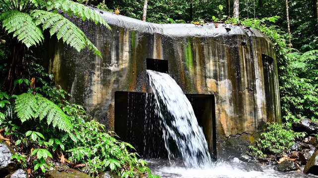 Water pouring from abandoned concrete bunker in tropical rainforest