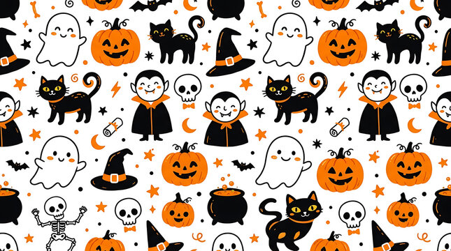 Seamless halloween pattern with cute ghosts pumpkins cats skulls and hats