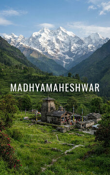 Madhyamaheshwar Temple Backdropped by Chaukhamba Peaks at Sunset, Uttarakhand, India
