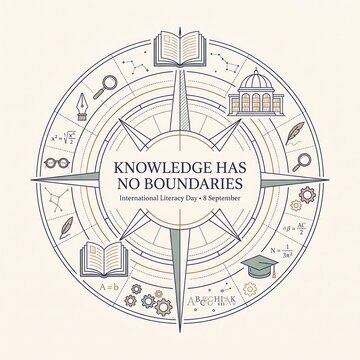 International Literacy Day concept with open book and educational elements vector illustration