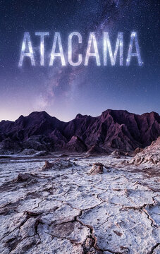 Cracked Salt Flat Desert and Mountains Under the Milky Way in Atacama, Chile
