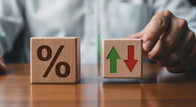 A person's hand places a wooden block with a green up arrow next to a block with a red down arrow and a percentage sign block.