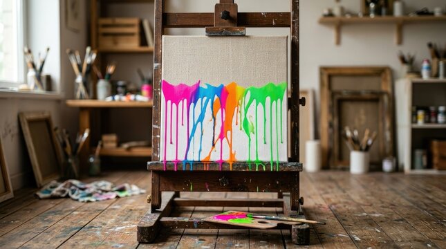 A vibrant canvas with neon paint drips on an easel in a rustic artist studio with wooden floors and art supplies