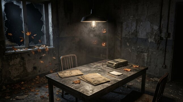 Abandoned moody office interior with broken windows and autumn leaves scattering across the room during rainy weather.