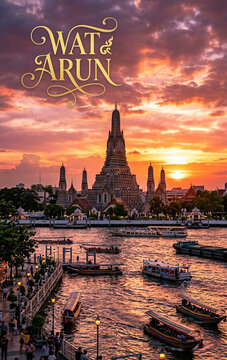 Majestic Wat Arun Temple of Dawn at Sunset Over Chao Phraya River, Bangkok, Thailand
