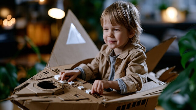 Child in cardboard rocket ship presses imaginary launch buttons in living room, solo imaginative play, childhood unstructured creativity, make-believe space exploration, indoor fantasy roleplay, pre