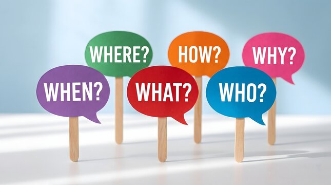 Colorful 5W1H Question Speech Bubble Signs on Sticks, Blue Background Concept for Journalism and Problem Solving