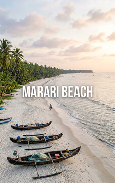 Traditional Wooden Fishing Boats on Pristine Sandy Shore of Marari Beach Kerala, Coconut Palms Coastal Landscape Illustration
