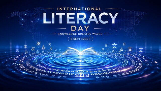 International Literacy Day concept with open book and ripple effect blue background