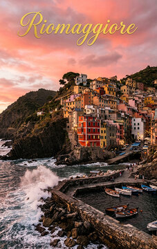 Riomaggiore Village Cliffside Colorful Houses and Harbor in Cinque Terre Italy at Sunset Illustration
