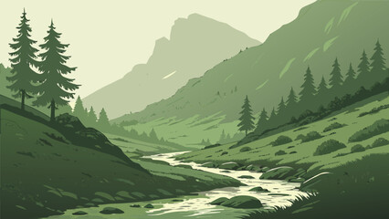 Mountain landscape with a flowing river, pine trees, and rocky terrain in shades of green for a natural outdoor environment © Shakib