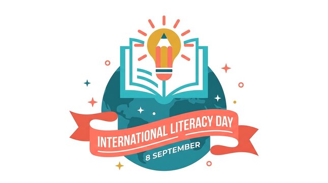 International literacy day concept with open book lightbulb and globe vector illustration