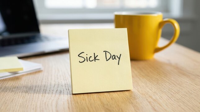 Sick day note standing on a wooden office desk