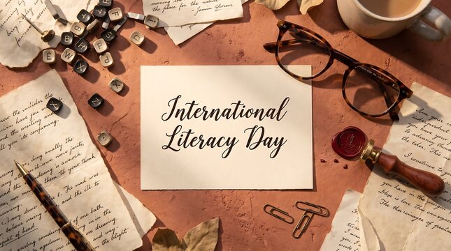 International Literacy Day concept with vintage typewriter keys and handwritten letters