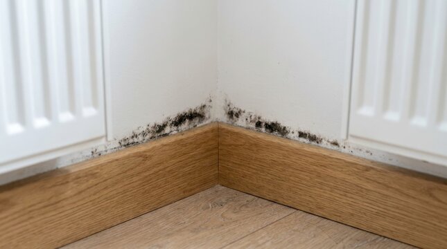 Black mold growth on a white wall corner