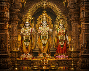 Fototapeta premium Hindu Deities Statues Within Ornate Temple Architecture Detailed Religious Scene