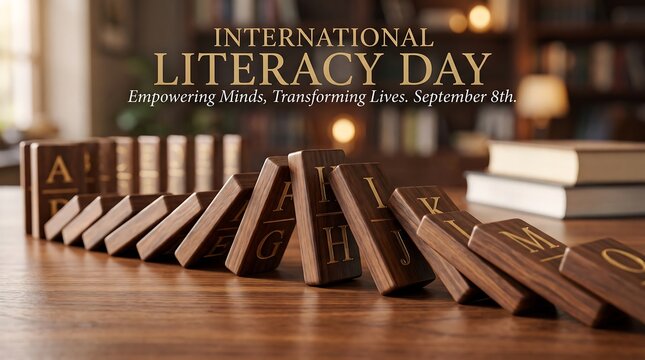 International Literacy Day concept with wooden letter blocks and books