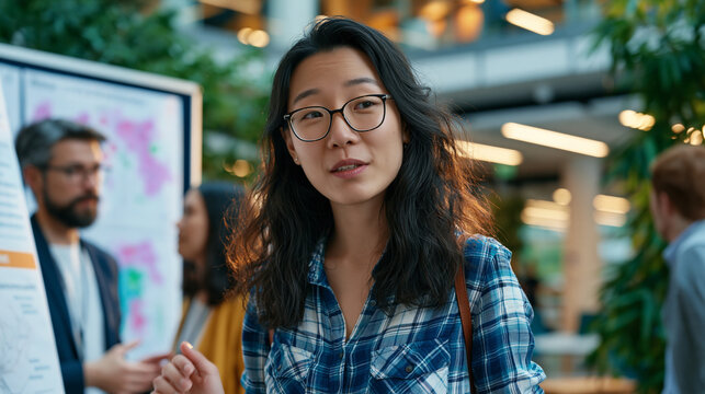 Neuroscience PhD candidate presenting hippocampal place cell research at a departmental poster session in a university atrium, diagrams of spatial memory encoding pinned to a display board as facult