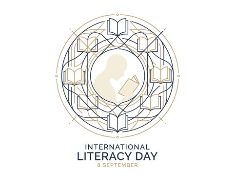 International Literacy Day emblem with books and reading person golden line art