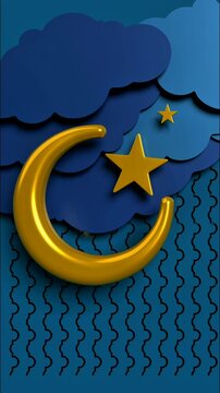 A radiant golden crescent moon and stars float above layered blue clouds. A stylized night sky scene with a rhythmic pattern below, creating a dreamy and artistic visual.