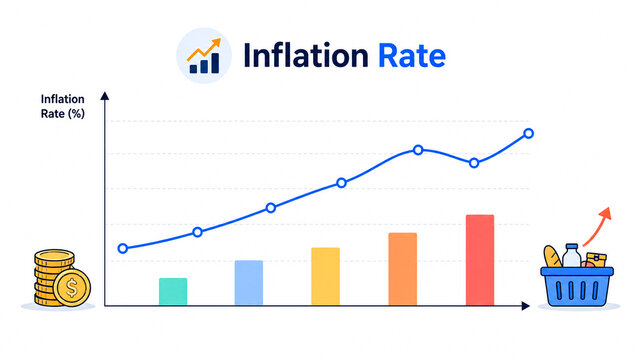 Inflation rate infographic showing general increase in prices and falling purchasing power over time.