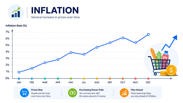 Inflation rate infographic showing general increase in prices and falling purchasing power over time.