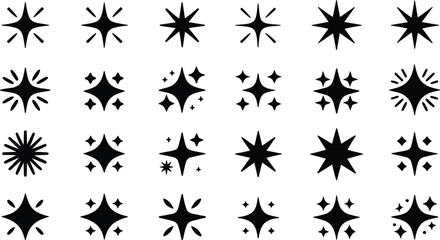 Sparkling star bundle featuring shiny magic symbols twinkling burst icons and black silhouette glittering decoration shapes © MSTAKLIMA