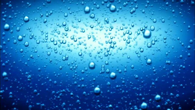 Countless clear, spherical bubbles of varying sizes float against a vibrant blue background. A subtle light gradient adds depth, creating a dynamic, refreshing, effervescent visual.