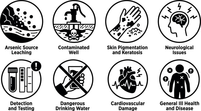 Arsenic Poisoning and Contaminated Water Health Effects Icon Set with Leaching Well Skin Keratosis Neurological Issues and Medical Detection Symbols