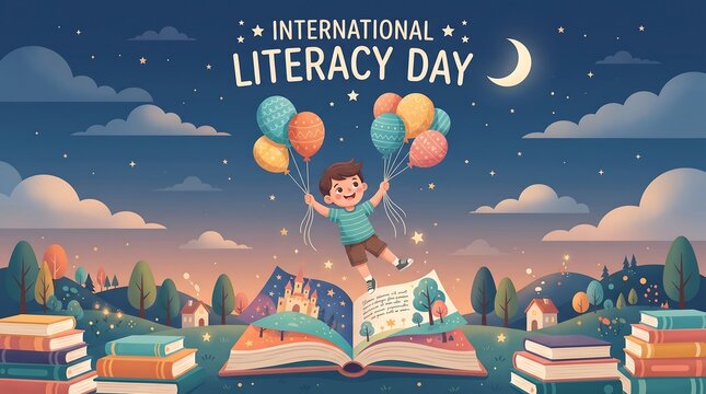 International Literacy Day illustration with boy reading book and balloons colorful vector