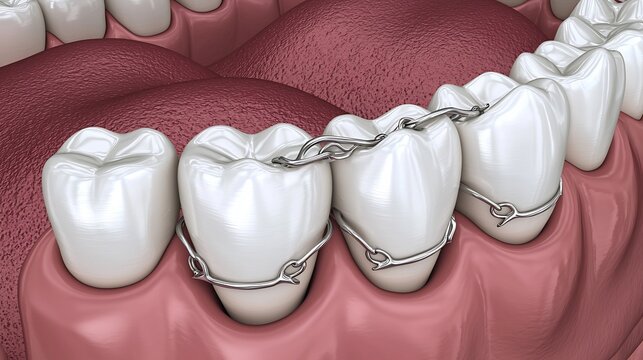 3D digital illustration of a dental bridge with metal clasps securing prosthetic teeth to natural teeth in gums