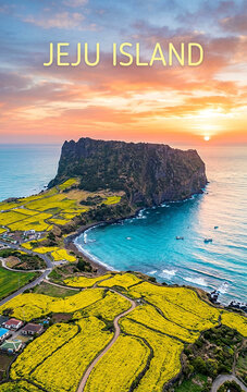 Aerial View of Seongsan Ilchulbong Sunrise Peak with Yellow Canola Fields Jeju Island South Korea