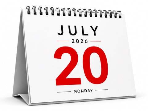 July 2026 calendar page with monday date 20 isolated on white background.