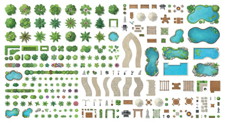 Top down Landscape Elements Vector Illustration With Trees Ponds And Structures © SHANTI