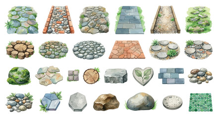 Watercolor Paving Stones And Rocks Collection On White Background © SHANTI