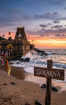 Beautiful Sunset View of Ancient Beachside Temple at Gokarna Coast Karnataka India