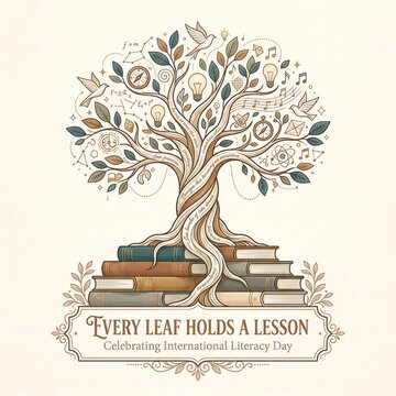 Knowledge tree with books and birds celebrating International Literacy Day detailed illustration
