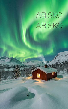 Spectacular Green Northern Lights Aurora Borealis Over Snowy Cabin in Abisko Sweden