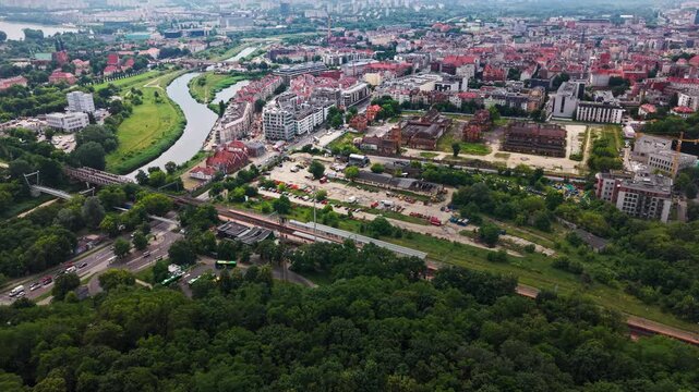Aerial Drone View City Landscape River Street Residential Buildings Horizon. A high angle drone perspective capturing a panoramic