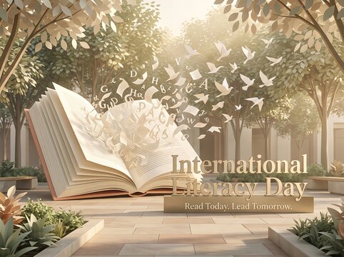 Open book with flying letters and birds celebrating International Literacy Day