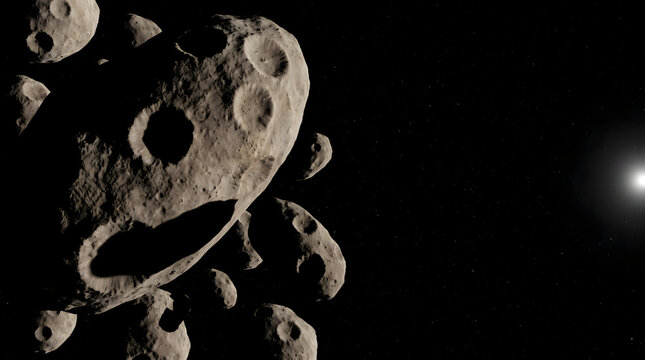 Asteroid field with cratered rocky bodies drifting in deep space