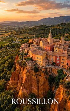 Ochre Cliffs and Hillside Village of Roussillon at Sunset, Provence, France

