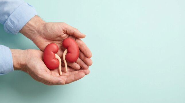 Hands holding two kidney models representing organ health and transplant