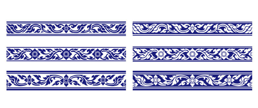 Thai Porcelain Border Design Set Traditional Blue and White Ceramic Pattern Ornaments Luxury Siam Style Vector for Menu Packaging and Invitation Card