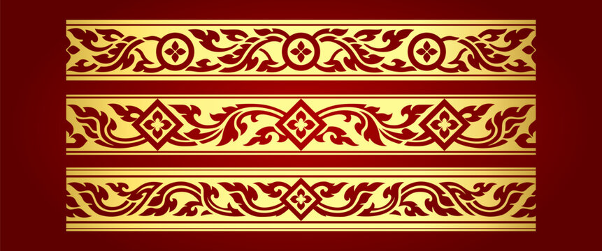 Traditional Thai Tribal Design Set Golden Luxury Ethnic Pattern Seamless Siam Ornaments Line Art Vector for Certificate and Packaging