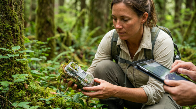 A female wildlife researcher examines a camouflaged trail camera in a dense green forest while a colleague uses a digital tablet to record data during field research